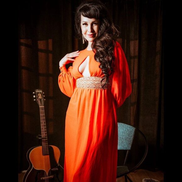 OSTI Vintage 70s Nylon Crepe Balloon Sleeve Coral Gown * Small - Picture 6 of 17